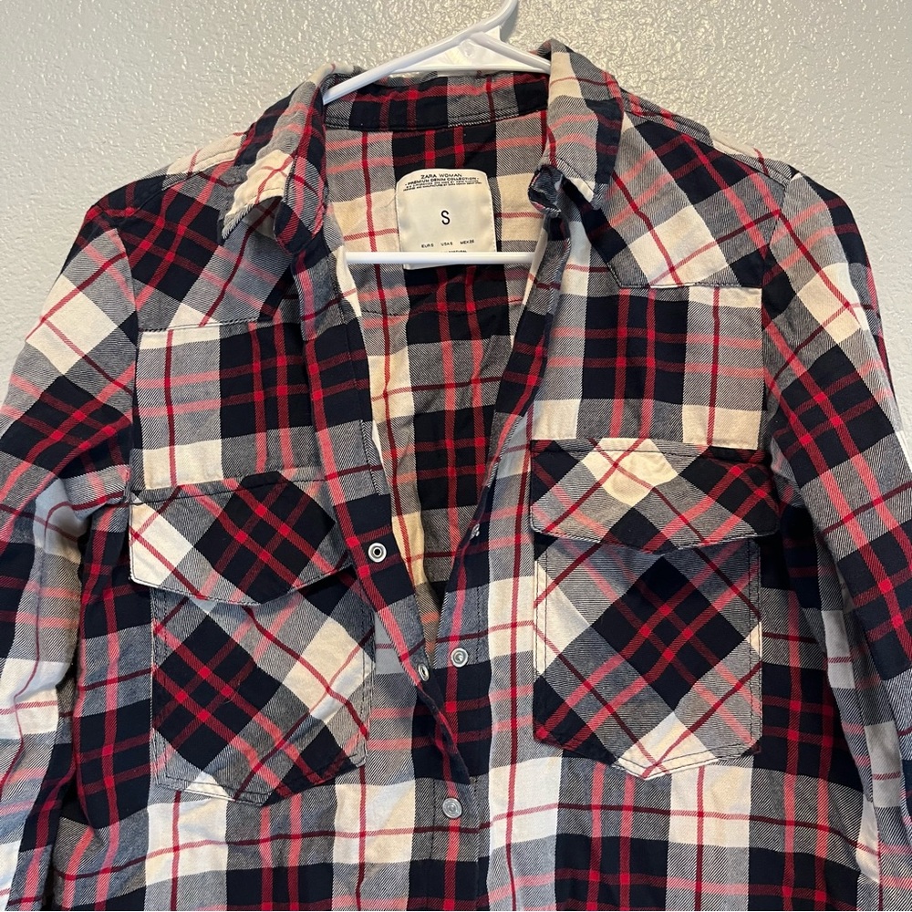 Zara Basic Red Black White Button Front Plaid Shi… - image 3